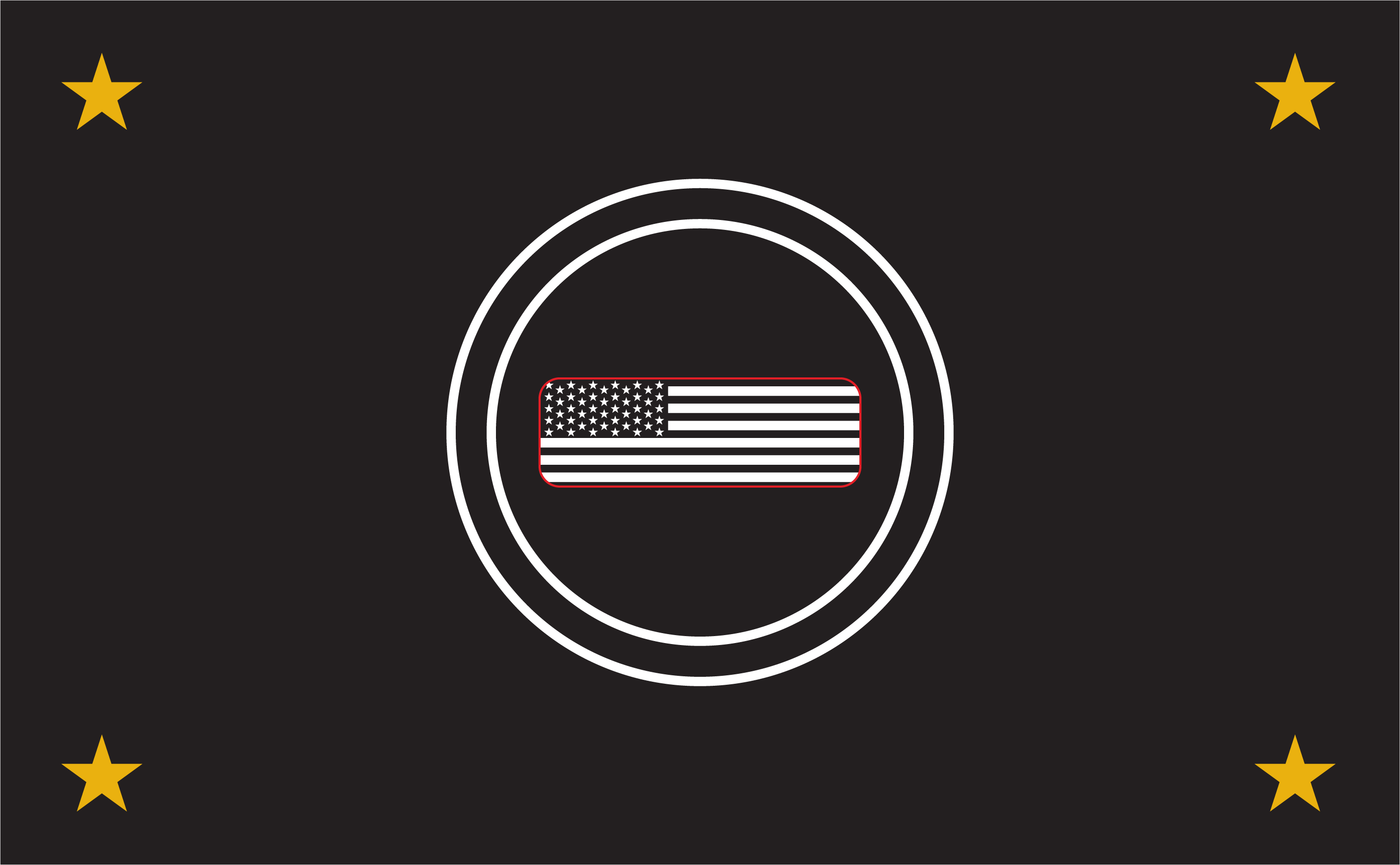Project Final Chapter Flag design. A black flag with 4 gold stars, 1 in each corner of the flag. In the center, there is an american flag, enclosed in a red stitch, surrounded by 2 white circles